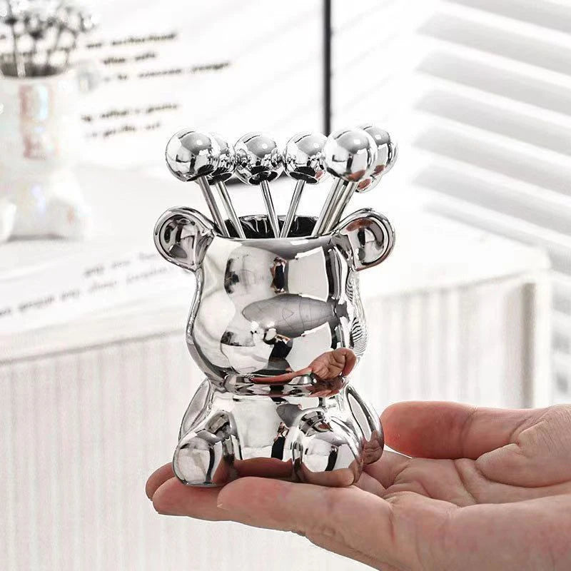 6pcs Stainless Steel Dessert Forks With Storage Jar Bear Fruit Fork Set Cute Bear Tableware For Party Tasting Dessert Pickle Sal