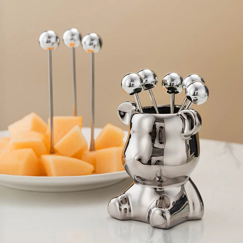 6pcs Stainless Steel Dessert Forks With Storage Jar Bear Fruit Fork Set Cute Bear Tableware For Party Tasting Dessert Pickle Sal