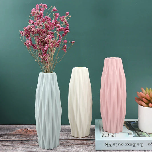 Diamond Pattern Plastic Smooth Vase Ceramic Flower Pot Thick and Durable for Living Room Bedroom