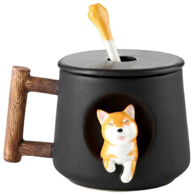 Cartoon Ceramic Mug Cute 3D Shiba Inu Dog Spoon Milk Tea Creative Coffee Cup