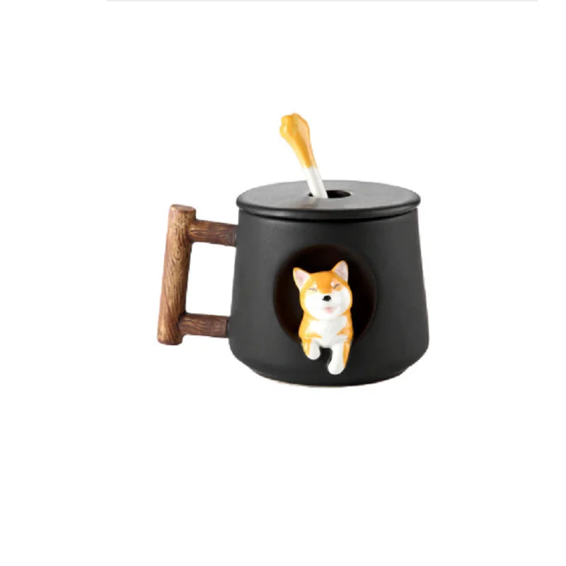 Cartoon Ceramic Mug Cute 3D Shiba Inu Dog Spoon Milk Tea Creative Coffee Cup