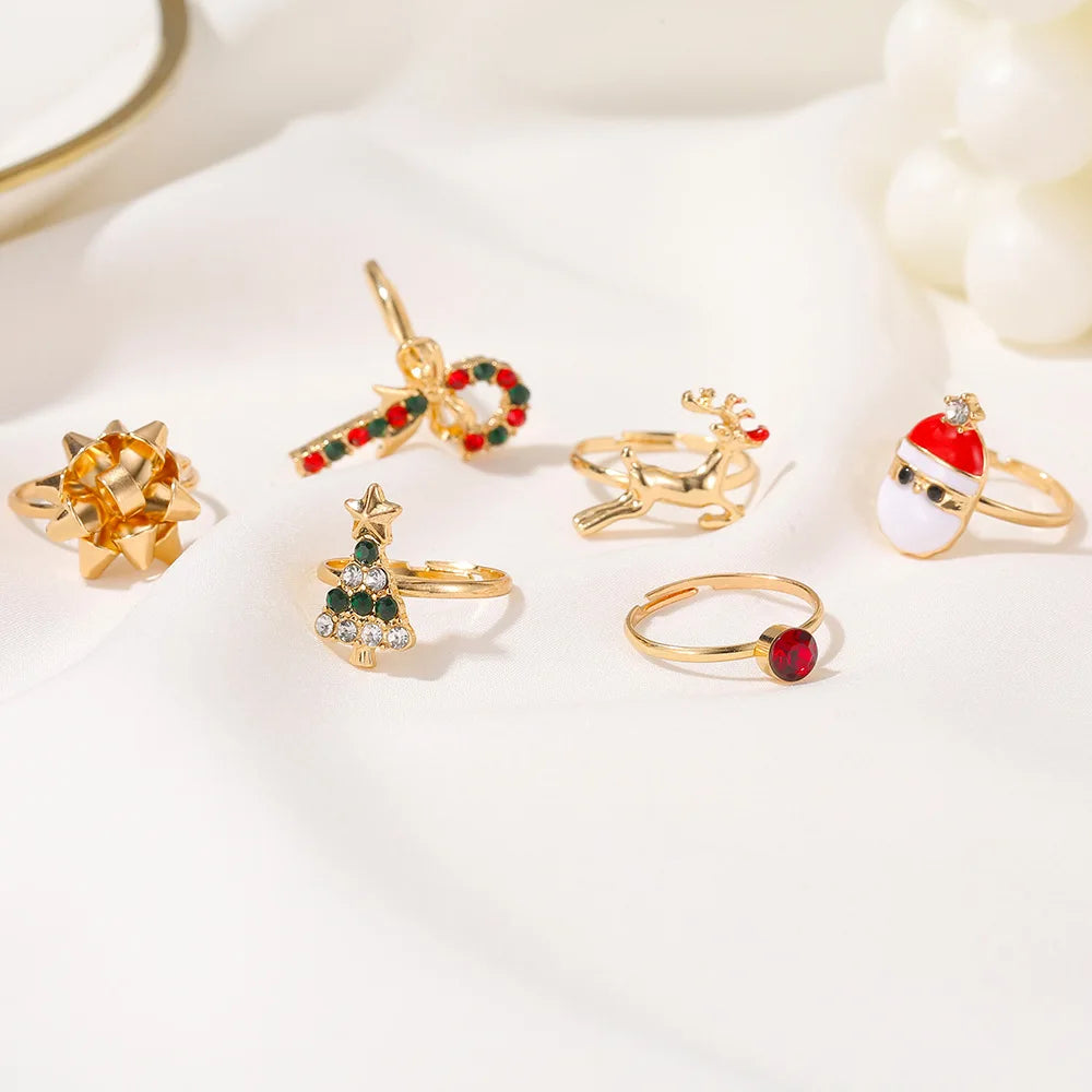 Christmas Elk Santa Ring  Fashion Cute Gold Color Drip Glaze Adjustable Finger