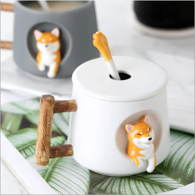 Cartoon Ceramic Mug Cute 3D Shiba Inu Dog Spoon Milk Tea Creative Coffee Cup