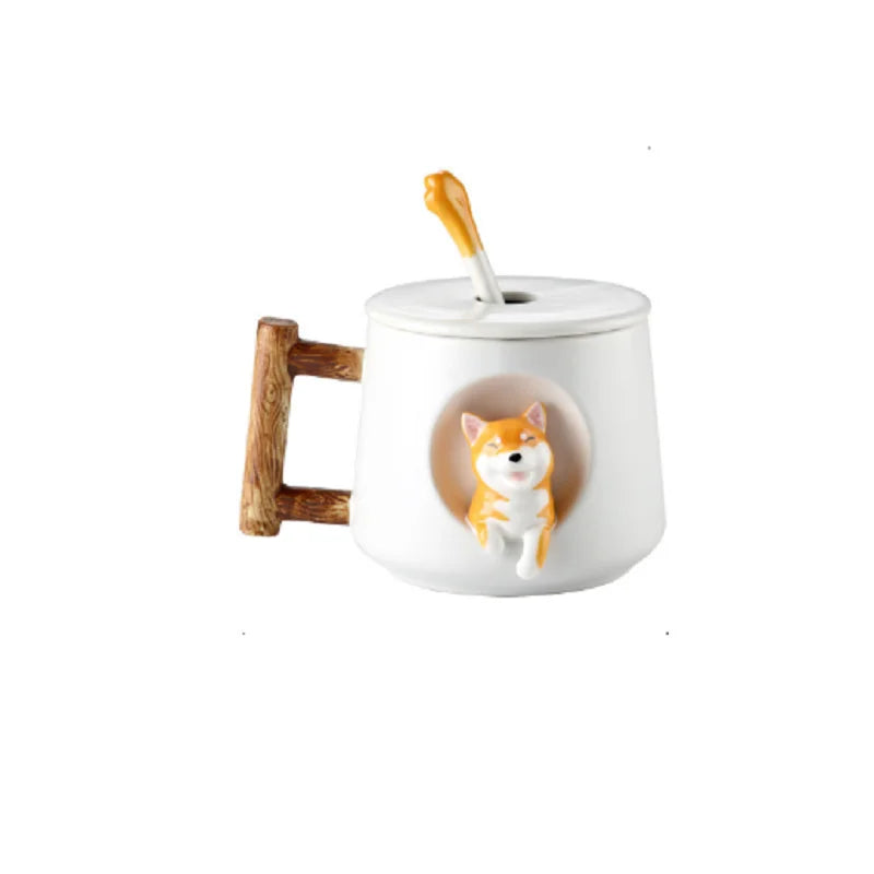 Cartoon Ceramic Mug Cute 3D Shiba Inu Dog Spoon Milk Tea Creative Coffee Cup