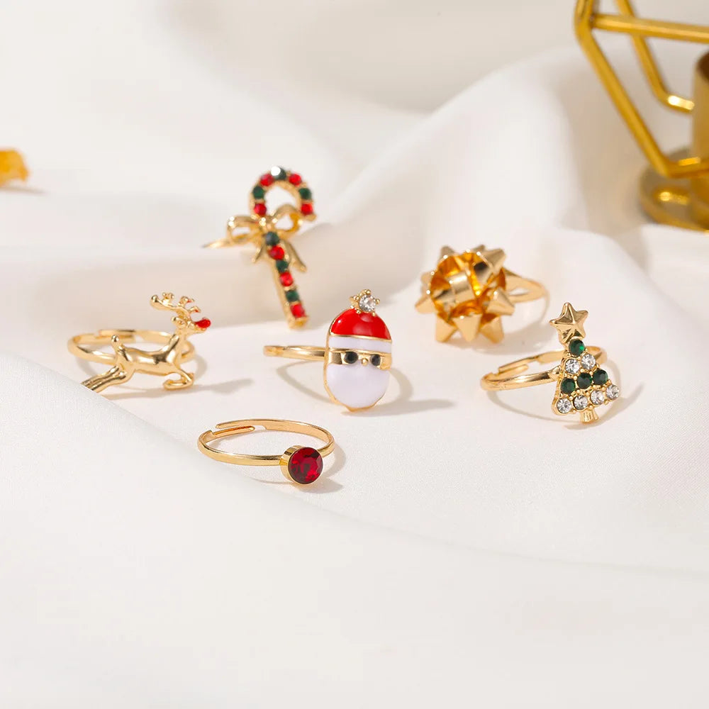 Christmas Elk Santa Ring  Fashion Cute Gold Color Drip Glaze Adjustable Finger