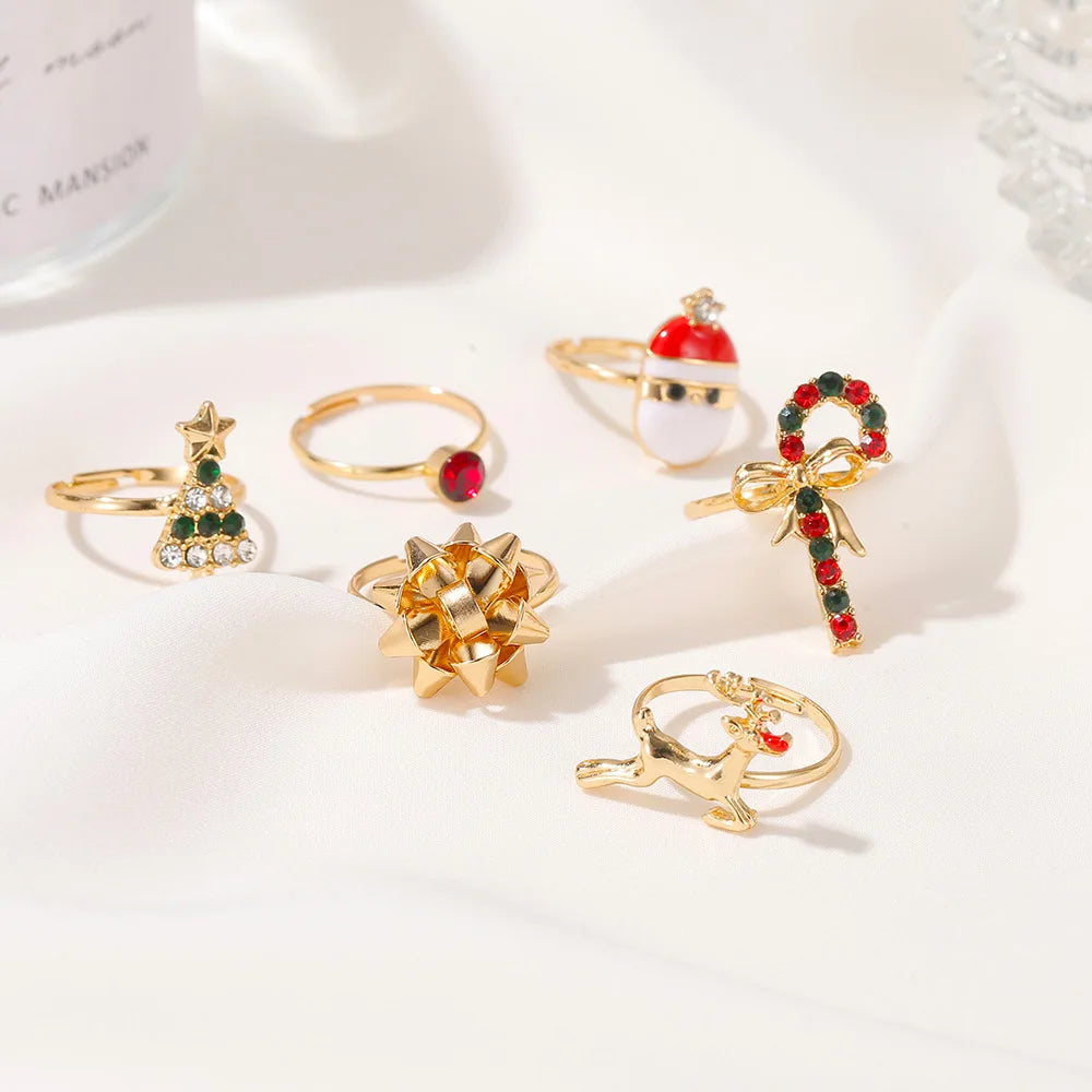 Christmas Elk Santa Ring  Fashion Cute Gold Color Drip Glaze Adjustable Finger