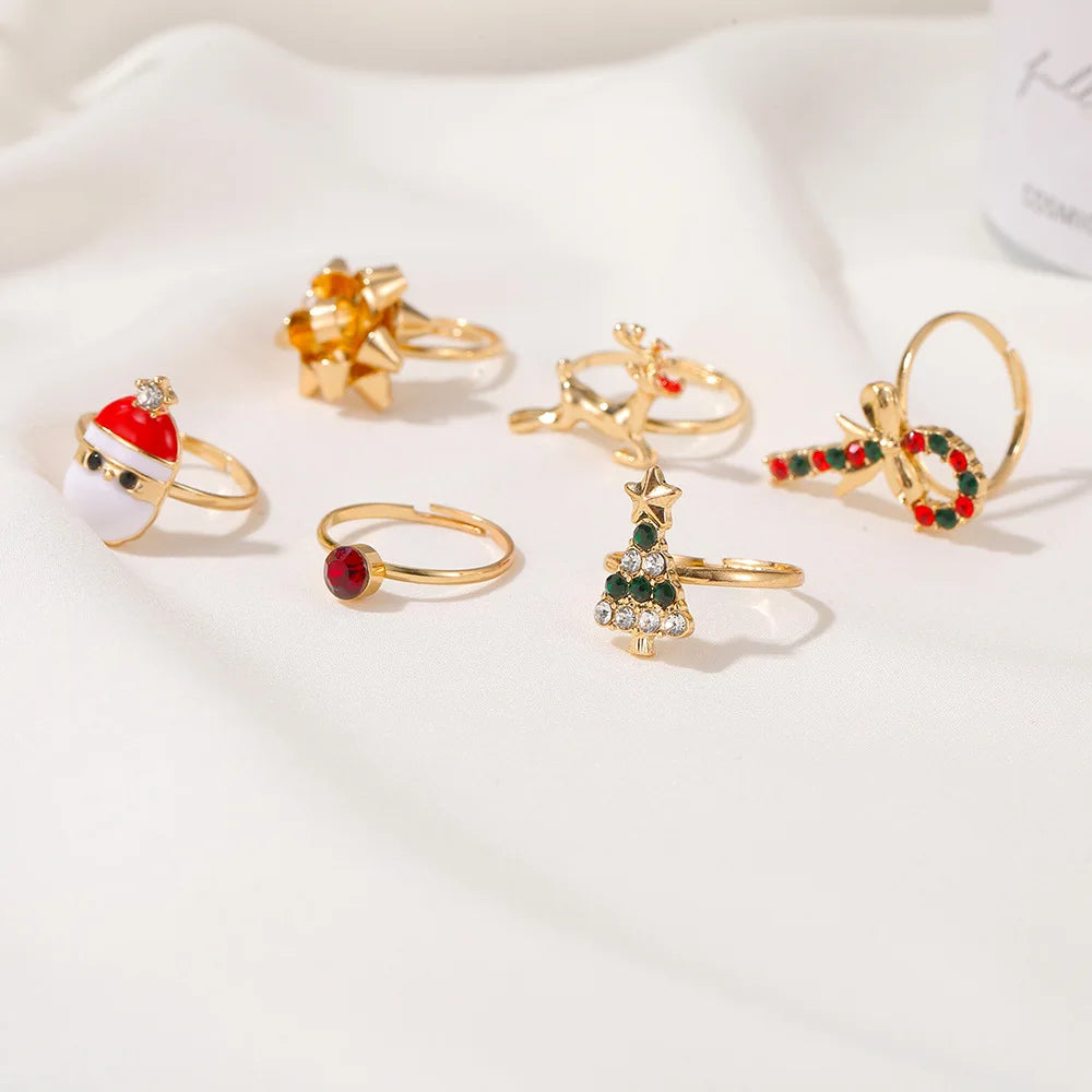 Christmas Elk Santa Ring  Fashion Cute Gold Color Drip Glaze Adjustable Finger