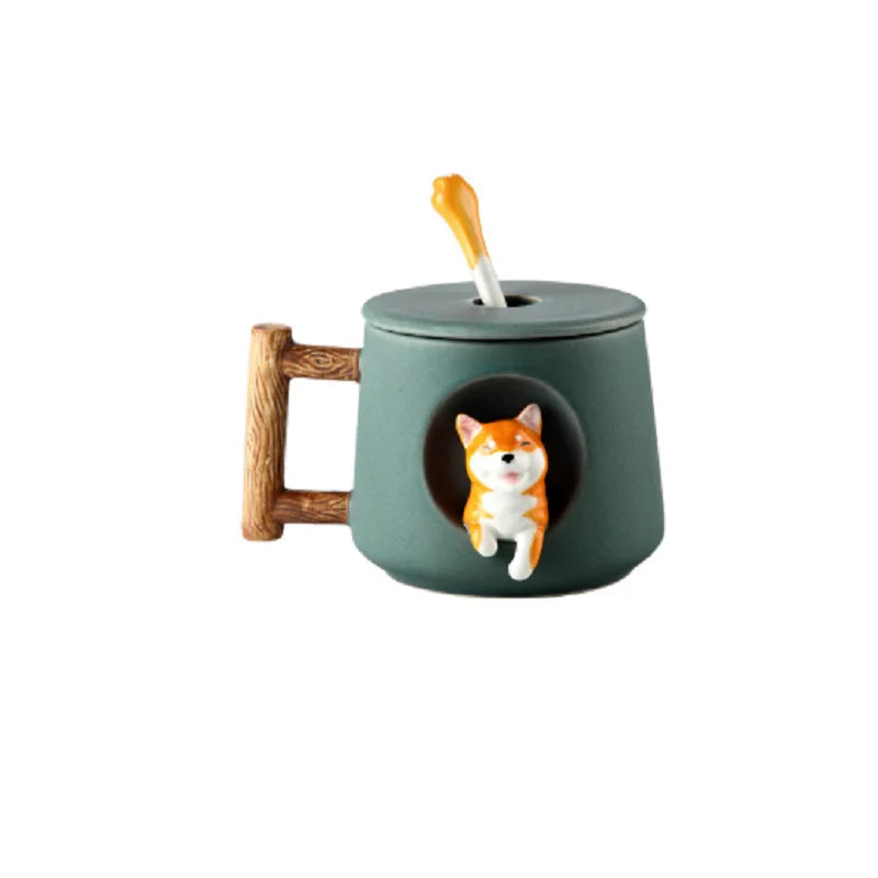 Cartoon Ceramic Mug Cute 3D Shiba Inu Dog Spoon Milk Tea Creative Coffee Cup