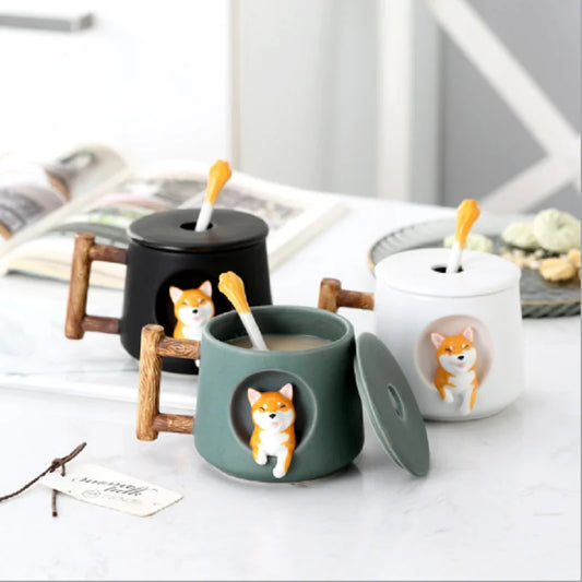 Cartoon Ceramic Mug Cute 3D Shiba Inu Dog Spoon Milk Tea Creative Coffee Cup