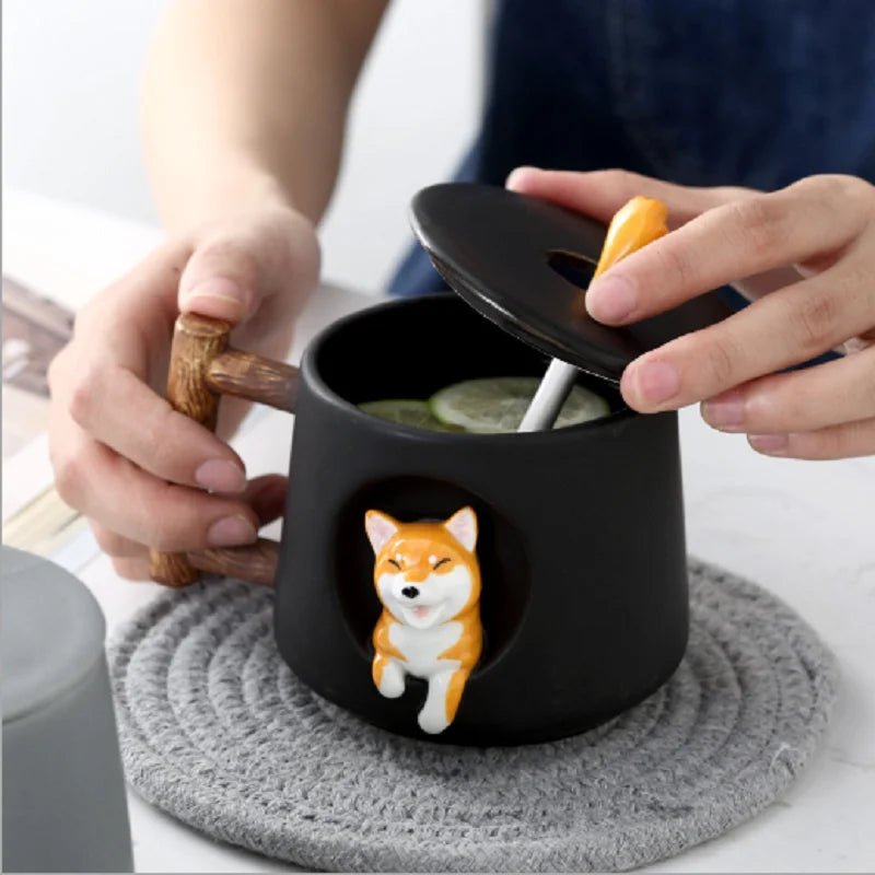 Cartoon Ceramic Mug Cute 3D Shiba Inu Dog Spoon Milk Tea Creative Coffee Cup