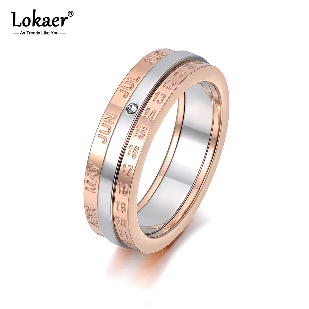 Fashion Rotatable Ring  Monthly Calendar Jewelry With Single Cystal Stainless Steel Ring