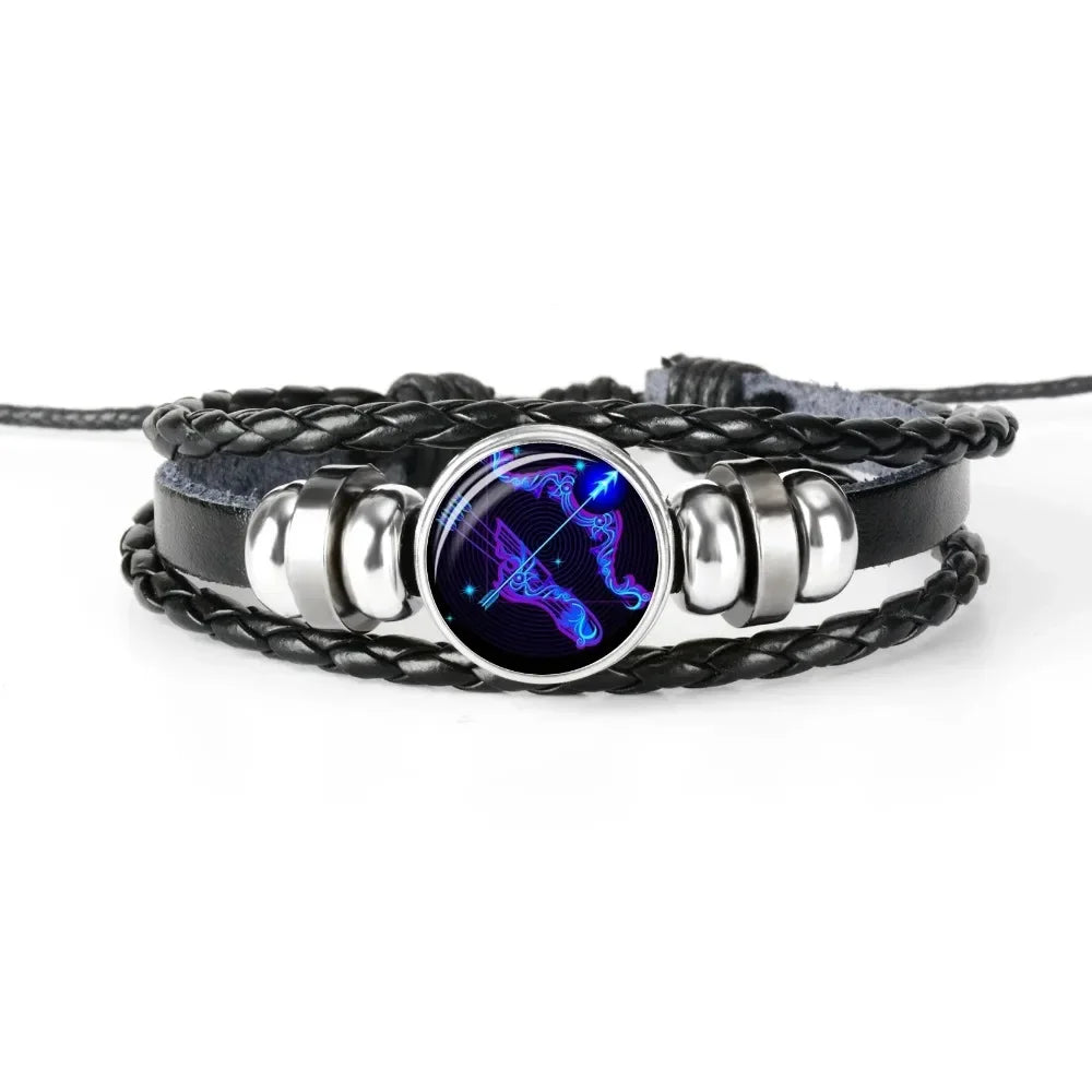 Constellation Zodiac Sign Charm Luminous Bracelets  Vintage Multilayer Wrap Leather Bracelet