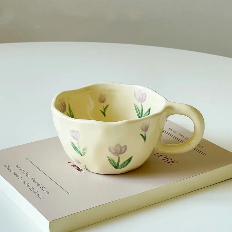 Hand Pinched Irregular Flower Ceramic Mugs Coffee Cups Milk Tea Cup