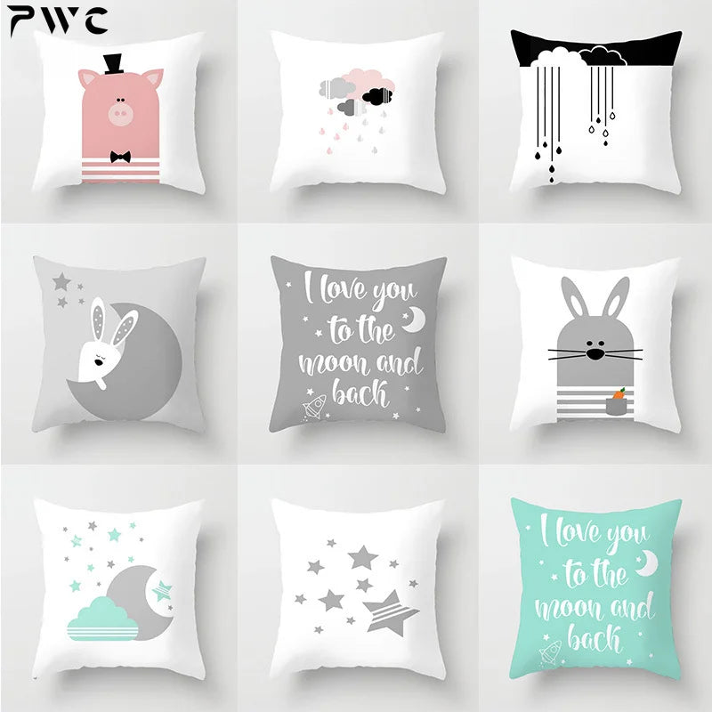 Cartoon Pink Pig Single Side Printed Black and White Pillowcase Letter Gray Rabbit  Cushions Cover