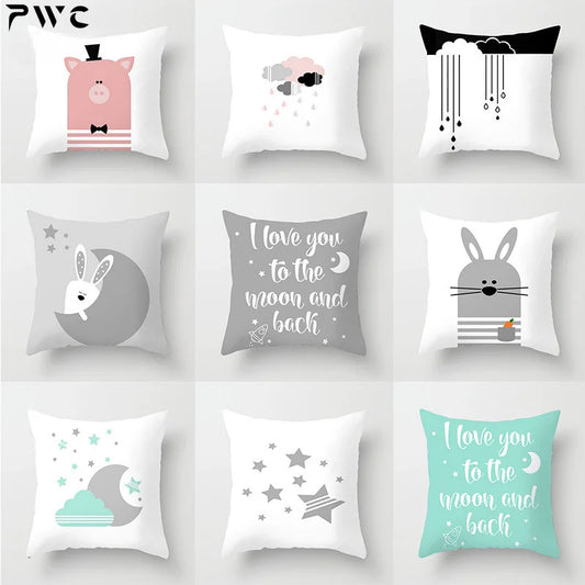 Cartoon Pink Pig Single Side Printed Black and White Pillowcase Letter Gray Rabbit  Cushions Cover