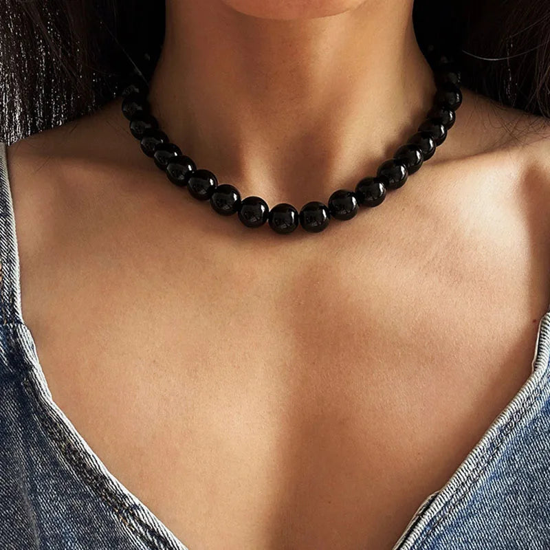 Trend Elegant Jewelry Wedding Big Pearl Necklace  Fashion Black Imitation Pearl Choker Necklace