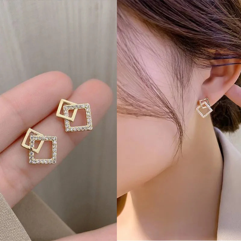 Korean Geometric Double Layers Rhombus Earrings Gold Color Crystal Temperament Earring