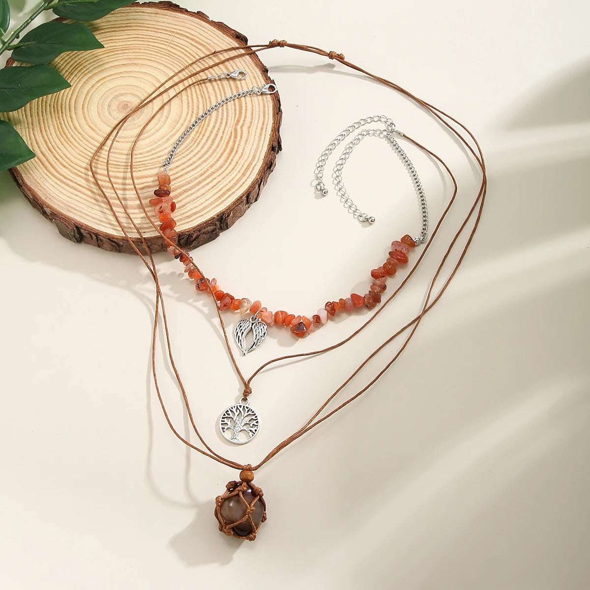 Creative Stone Holder Cage Tree Dragonfly Pendant Choker Necklace Boho Rope Chain Aesthetic (3 Pcs)