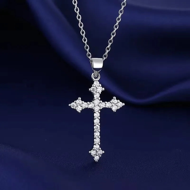 White Gold-color Necklace Simple Cold Style Set With Glass Rhinestones Cross Copper Alloy Pendant