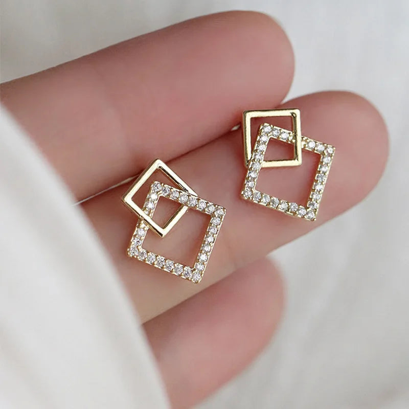 Korean Geometric Double Layers Rhombus Earrings Gold Color Crystal Temperament Earring