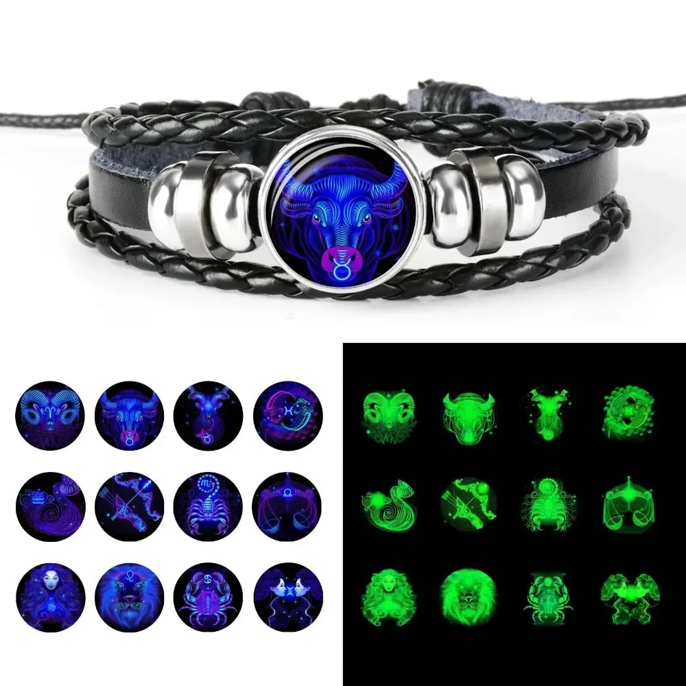 Constellation Zodiac Sign Charm Luminous Bracelets  Vintage Multilayer Wrap Leather Bracelet