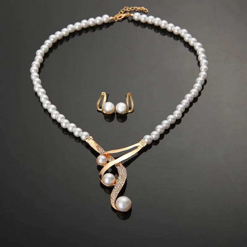 Creative Temperament Geometric Imitation Pearl Necklace Inlaid with Zircon Light Luxury Earring Set