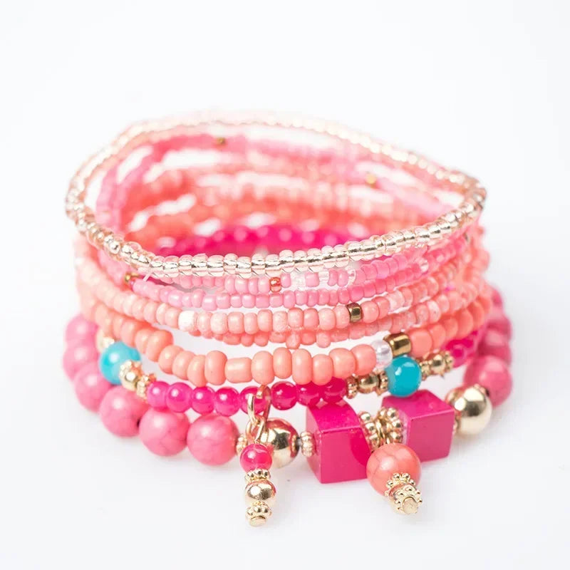 Bohemian Handmade Beads Bracelet Set  Summer Colorful Beaded Chain Bangle