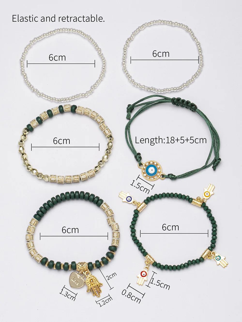 Bohemian Evil Eye Bracelet Set  Fatima Hand Heart Charm Beaded Rope Chain (6Pcs/set)