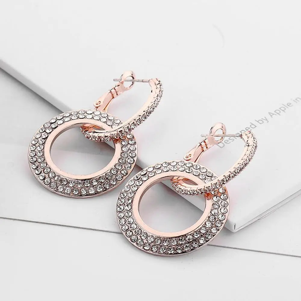 Sparkling Hoop Earrings Creative Geometric Zircon Inlaid Double Ring Drop Earrings