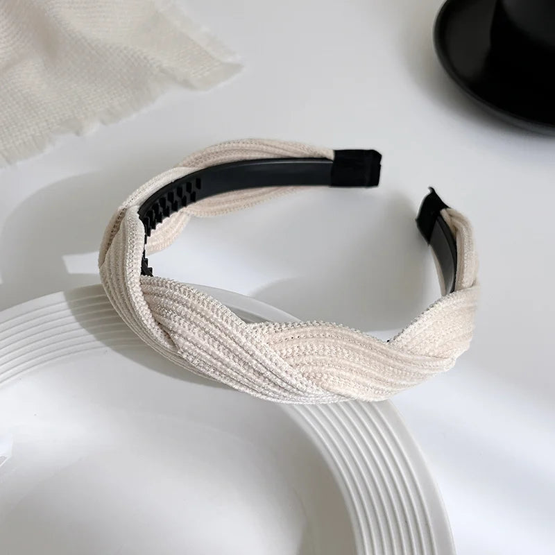 Simple Wide Side Edge Fabric Hair Band Women Fashion Korean Retro Braided Headband Solid Knot Hoop