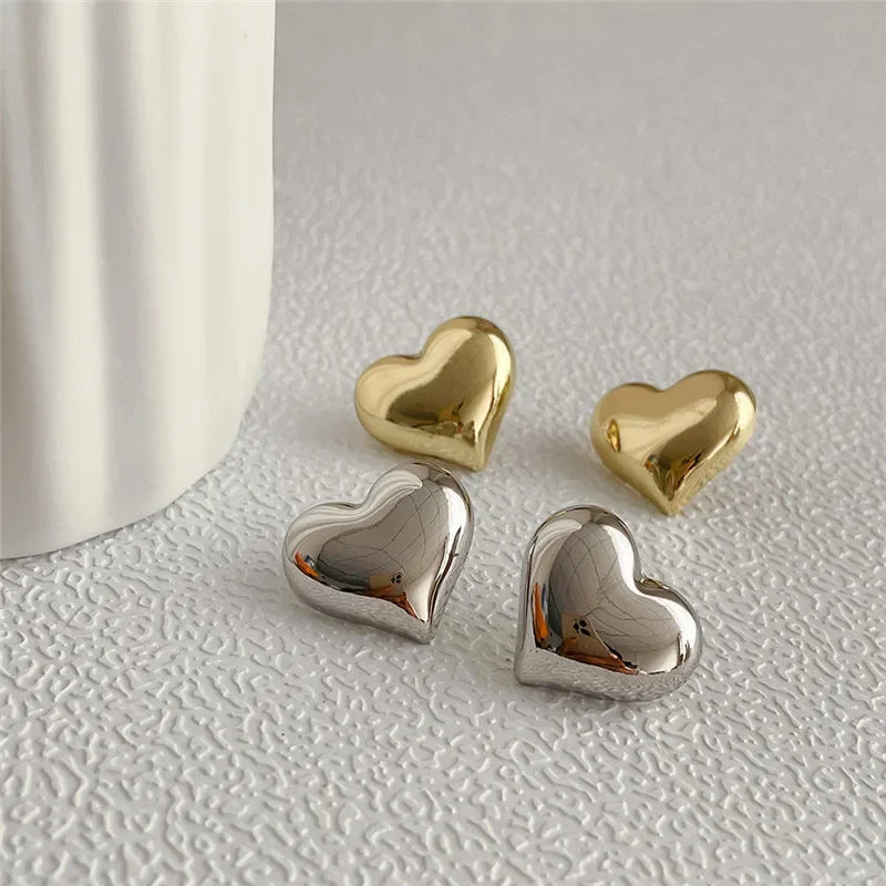 Gold Color Smooth Surface Love Heart Shaped Stud Earrings Minimalist Fashion