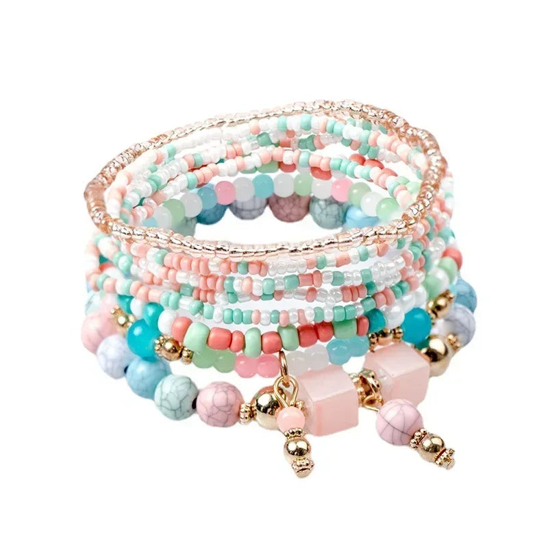 Bohemian Handmade Beads Bracelet Set  Summer Colorful Beaded Chain Bangle