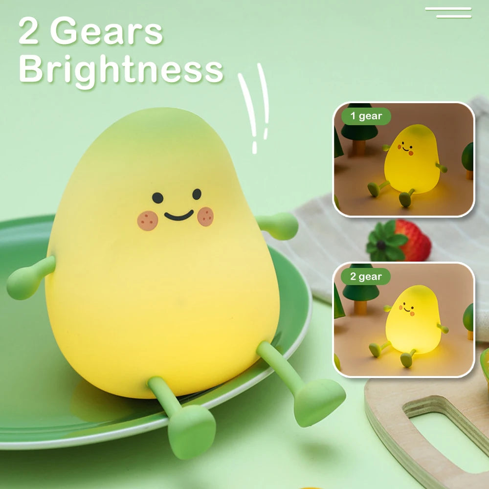 LED Pear Fruit Silicone Night Light 7 Colors Dimming Touch USB Rechargeable Cartoon Bedside Lamp