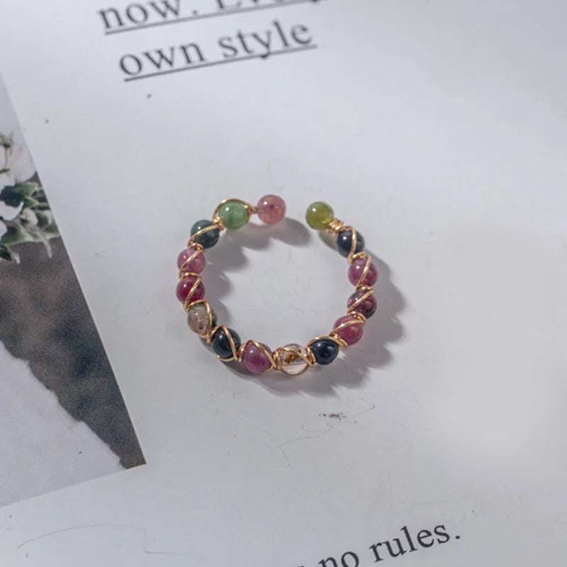 Healing Crystal Natural Stone Bead Ring Handmade Beaded Bohemian