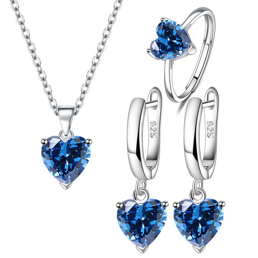 925 Sterling Silver Jewelry Sets Heart Zircon Ring Earrings Necklace