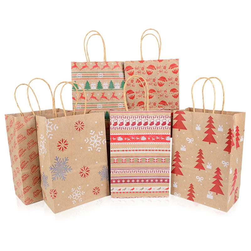 5Pcs Kraft Gift Bags with Handle Elk Snowflake Christmas Tree Merry Christmas Party Packaging Bag