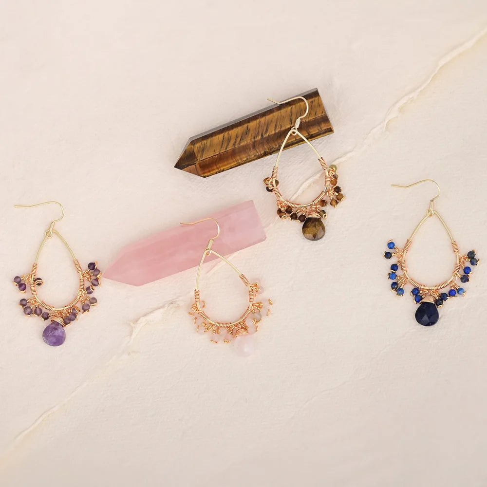 Classic Fashion Natural Stone Earrings Elegant Rose Quartz Lapis Lazuli Healing Amethyst Earrings