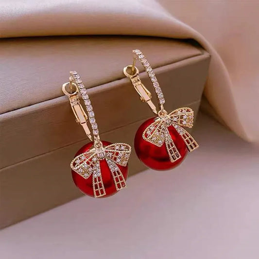 Luxury Gold Color Zircon Bowknot Stud Earrings Red Pearl Flower Festive Earring