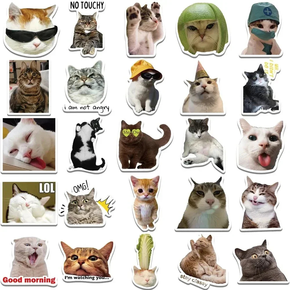 Kawaii Funny Cat Stickers Pack Waterproof Laptop Phone Scrapbooking Motorcycle Car Sticker (50Pcs)