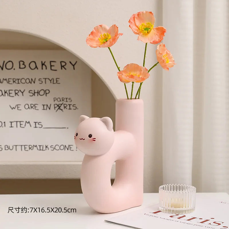 Tube Shaped Cat Resin Vase, Creative, Cute, Modern, Minimalist, Home Decoration, Flower Vase