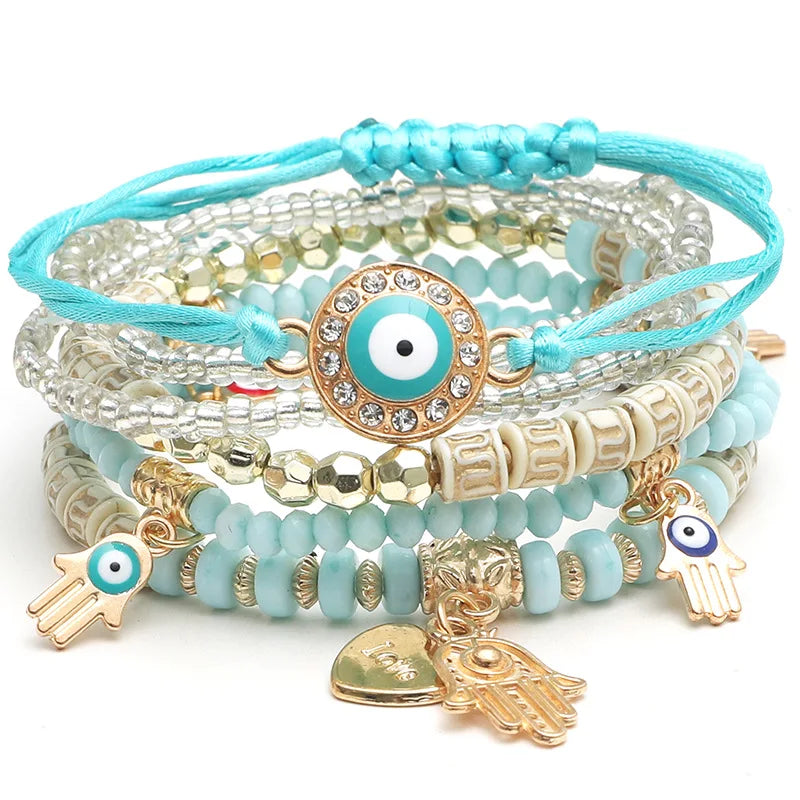 Bohemian Evil Eye Bracelet Set  Fatima Hand Heart Charm Beaded Rope Chain (6Pcs/set)