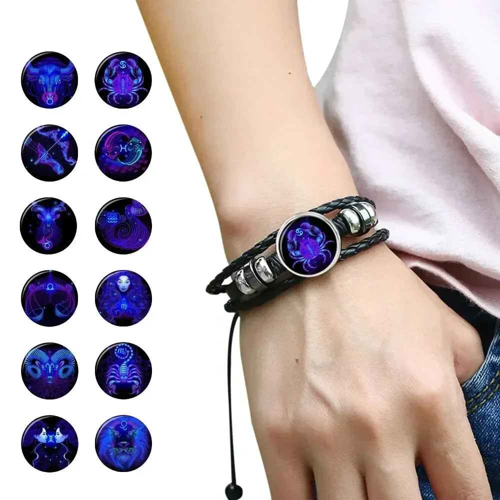 Constellation Zodiac Sign Charm Luminous Bracelets  Vintage Multilayer Wrap Leather Bracelet