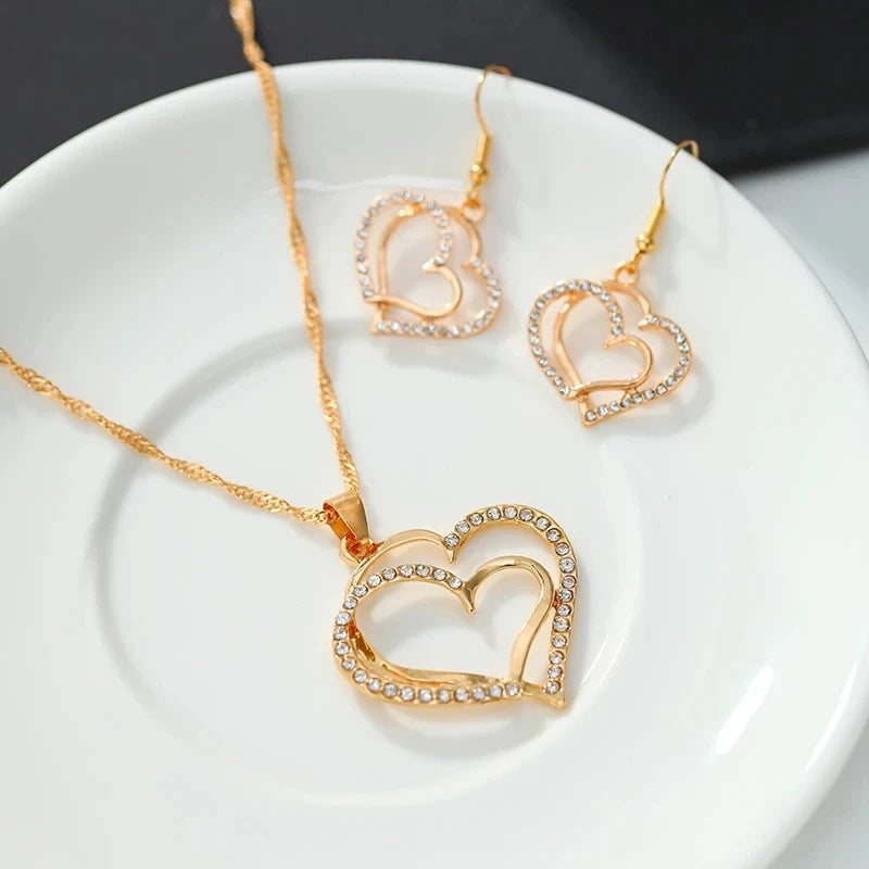 Heart Shaped Jewelry Set Of Earrings Pendant Necklace Exquisite Fashion Rhinestone  Jewelry Set