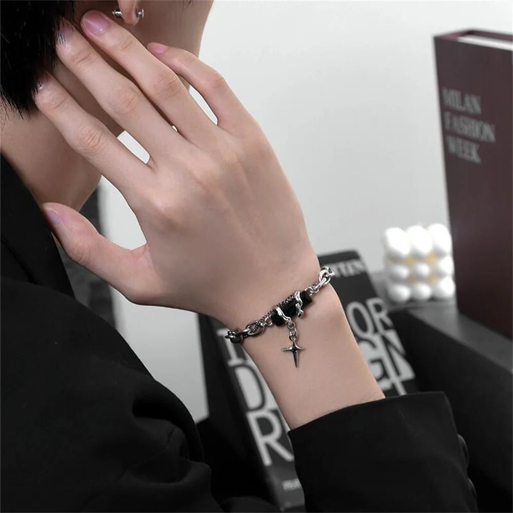 Retro Black Zircon Star Bracelet Trend Titanium Steel Punk Nk Chain Unisex Jewelry