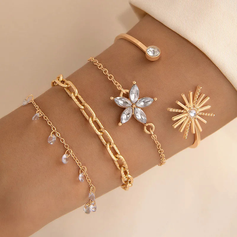 Tocona Charms Colorful Flower Multilayered Open Bracelet Alloy Dropping Oil Beads Bangle 4pcs/Set