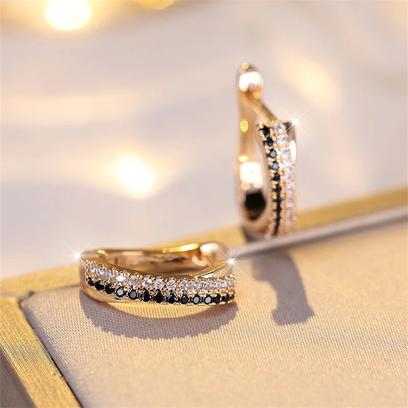 Trendy Crystal Earrings Black And White Zircon Fashion Champagne Gold Color Earrings