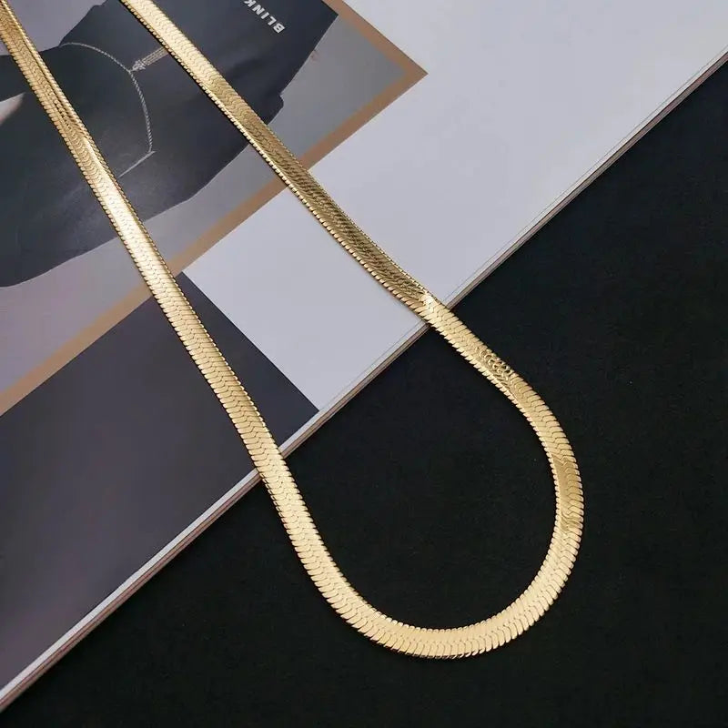 Gold 4MM Flat chain Necklace  Luxury Fine Jewelry choker Clavicle