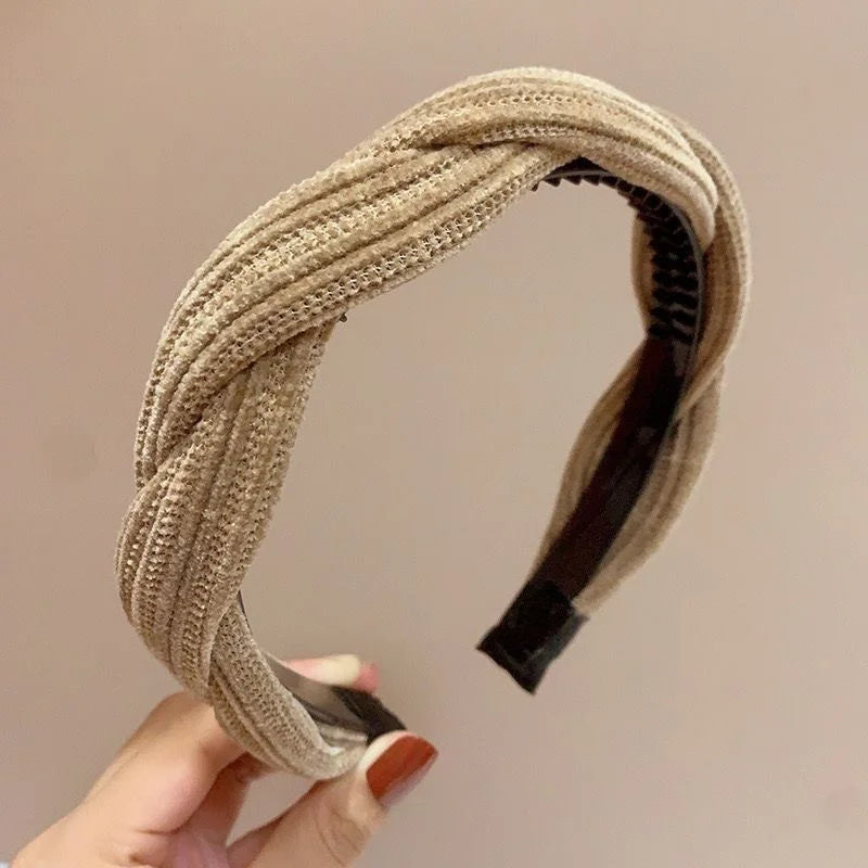 Simple Wide Side Edge Fabric Hair Band Women Fashion Korean Retro Braided Headband Solid Knot Hoop