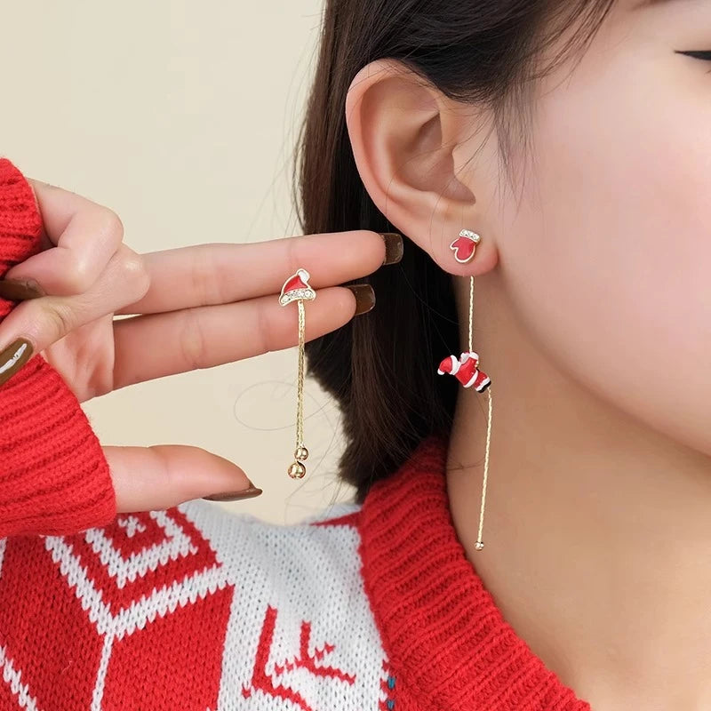 Asymmetric Snowflake Christmas Boot Hat Drop Earrings  Moving Santa Claus Long Tassel Earring