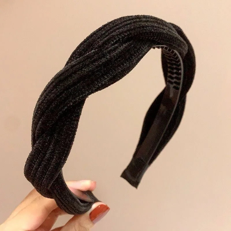 Simple Wide Side Edge Fabric Hair Band Women Fashion Korean Retro Braided Headband Solid Knot Hoop